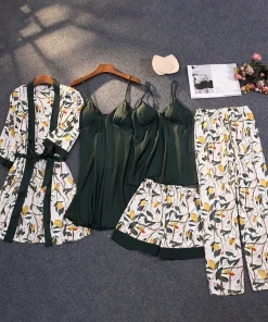 5 Pcs Set Ice Silk Satin Nigh Wear Long Pajamas Sexy Camisole Shorts Sleepwear Women for Spring Summer Autumn Winter Home Wear