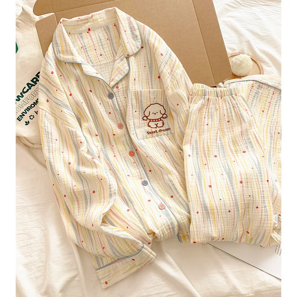 Women's Cartoon Pajama Set Notched Collar Shirt Long Wide Leg Pants | Spring Autumn Casual Sleepwear for Ladies Home Loungewear - Image 4