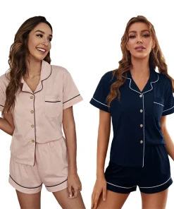 Summer  Ladies Pyjamas Pocket Front Breathable Bamboo Short Piping Pajamas Women's Sleepwear