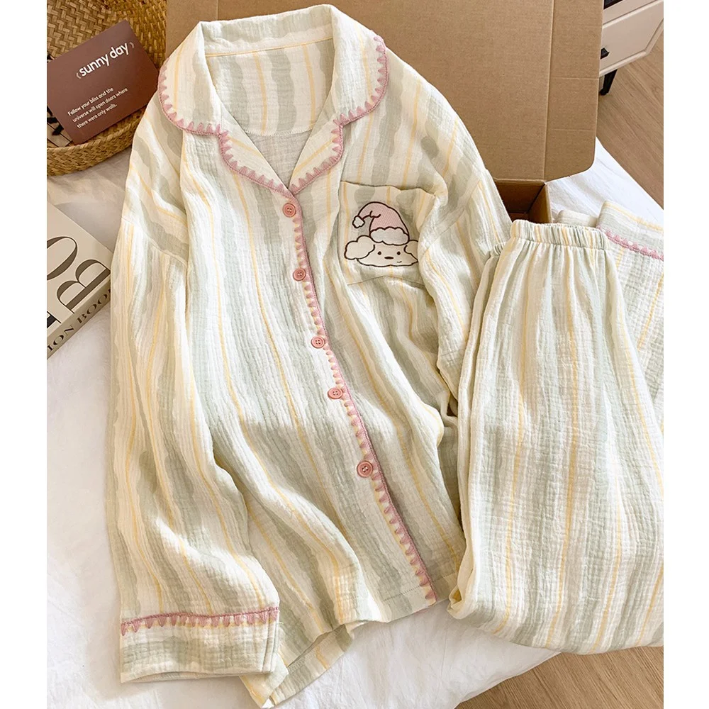 Women's Cartoon Pajama Set Notched Collar Shirt Long Wide Leg Pants | Spring Autumn Casual Sleepwear for Ladies Home Loungewear - Image 5