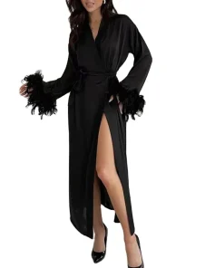 Wholesale Women Luxury Feather Silk Long Bathrobe Bridesmaid Robes Satin Pajamas
