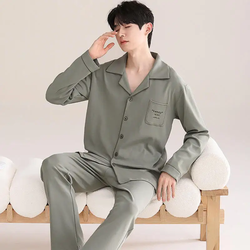 2025 Men's Luxury 100% Cotton Breathable Long Sleeve Knitted Home Wear Nightwear Pajamas for Summer and Winter Sleepwear - Image 5
