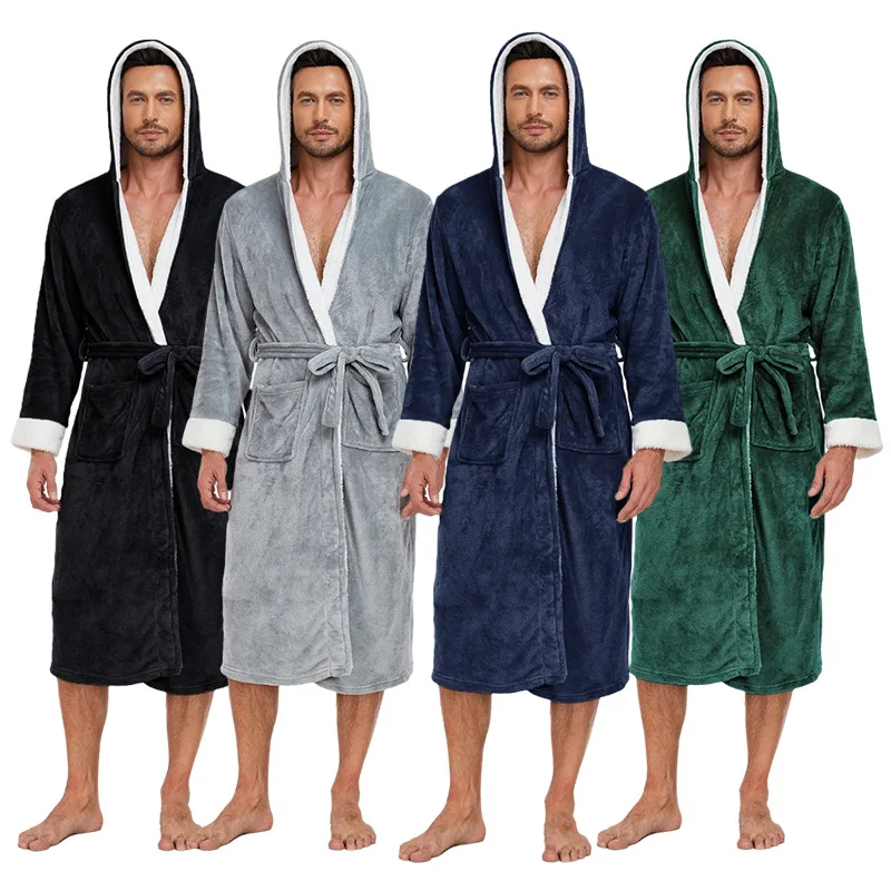 Free Shipping Usa Warehouse Discount Price Winter 5 Star Hotel Plush Hooded Fleece Long Bathrobes Pyjamas Men Sleepwear Stripe Bath Robe - Image 3