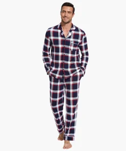 Mens Pyjamas Cotton Pajamas Wholesale Loungewear Set Breathable Men's Sleepwear Plaid Pj with Pockets