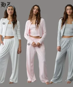 2025 Women's Elegant Pajamas Set High Quality Woven Cardigan Neck T-Shirt & Low Rise Pants Comfortable Sleepwear