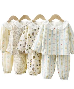 Summer New Boys' & Girls' Home Suit Double Cotton Yarn Pajamas with Waffle Lace & Animal Pattern for Baby's Sleepwear