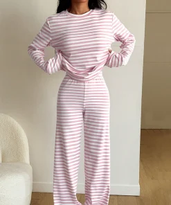 Long Sleeve Modal Soft Striped Pullover Cotton Pyjamas Loungewear Round Neck Bamboo Pajamas for Women Set