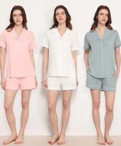 Summer Modal Short Sleeve  Solid Cotton Pyjamas PJ Set Sleepwear with Piping Bamboo Pajamas for Women Sets