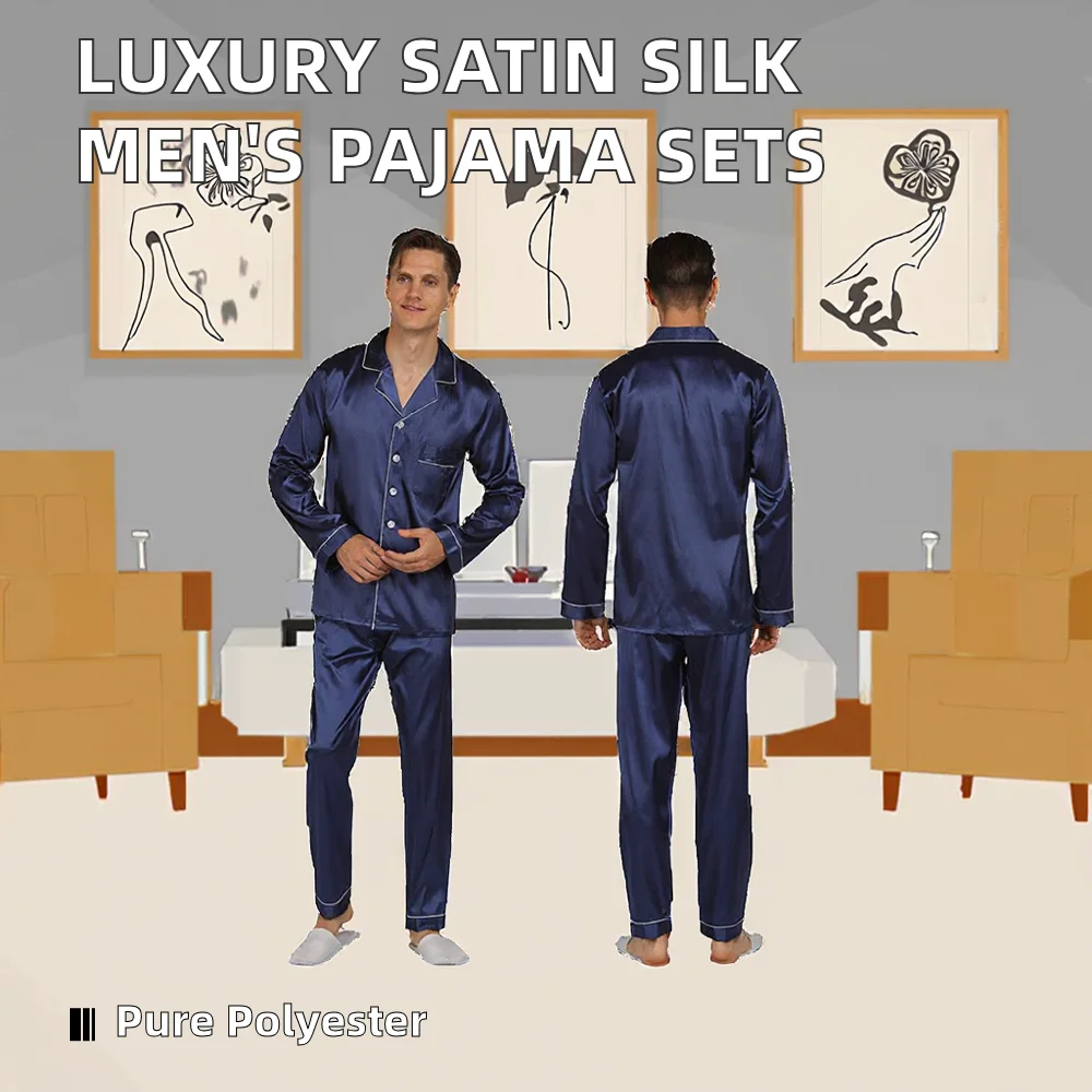 Luxury Satin Silk Men's Pajamas Sets 2pcs Fashion Pyjamas Suits with Long Sleeves for Adults Solid Satin Sleepwear - Image 2