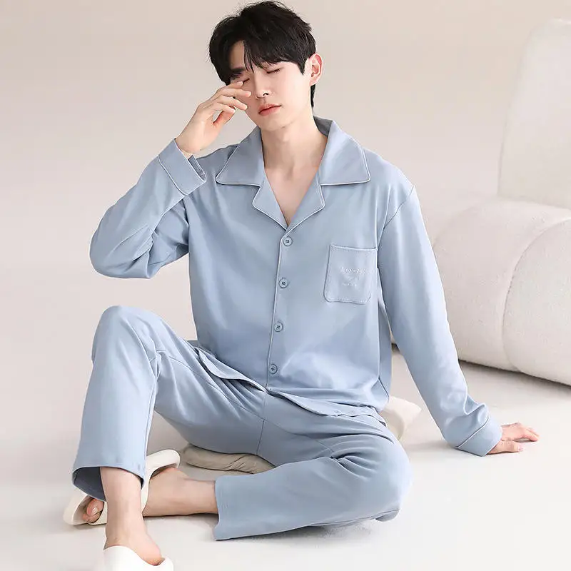 2025 Men's Luxury 100% Cotton Breathable Long Sleeve Knitted Home Wear Nightwear Pajamas for Summer and Winter Sleepwear - Image 3