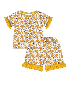 Printed Kids Baby Pumpkin Girls Pajamas for Kids Wholesale Ruffled Shorts Pajamas