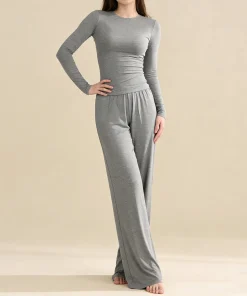 Womens Casual Set High Quality Bamboo Modal Lounge Wear Fitted Top with Loose Pants 2Pcs Women's Pajamas