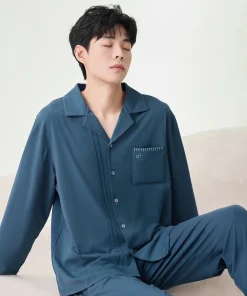Extremely Soft Casual Breathable Pajamas New for Spring Autumn Simple Fashionable Long-sleeved Cardigan Set Homewear for Men