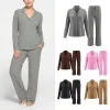Women's Ultra Soft Knitted Modal Ribbed Pajama Set Long Sleeve Button Notch Collar Top & Pants Quick Dry Breathable Nightwear