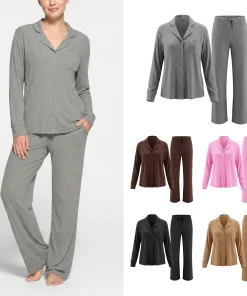 Women's Ultra Soft Knitted Modal Ribbed Pajama Set Long Sleeve Button Notch Collar Top & Pants Quick Dry Breathable Nightwear