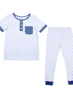Kids Boys 2 Pcs Pajamas Sets Knit Full Print Stars Short Sleeve Pocket Button T Shirt With Ankle Pants Sleepwear