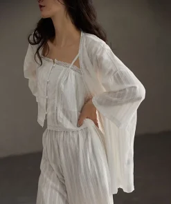 100% Cotton Women's Pajamas  Solid Color Label Wholesale Soft Breathable Plus Size Women's Pajamas Long Two-piece Set