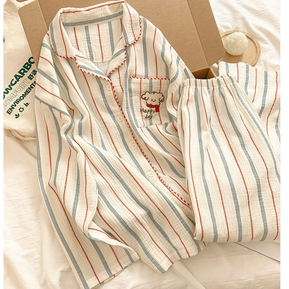 Women's Cartoon Pajama Set Notched Collar Shirt Long Wide Leg Pants | Spring Autumn Casual Sleepwear for Ladies Home Loungewear