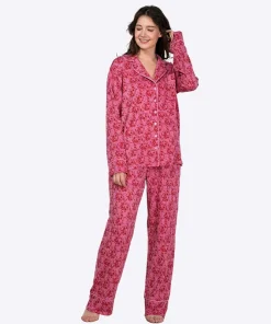 logo Wholesale Women's Oversized Casual Long Sleeve Print Sleepwear Pajamas Pants Two Piece Set Manufacturers