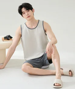 LongD Men's Pajama Tank Top and Shorts 100% Polyester Home Wear Casual Breathable Soft Comfortable Gentle on the Skin