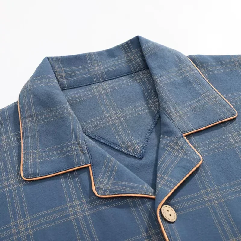 Plus Size Autumn Men's Knitted Cotton Pajamas Set Turn-down Collar Long Sleeve Trousers Casual Sleepwear Home Wear - Image 2