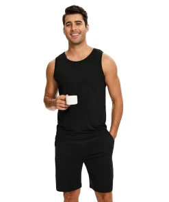 Comfortable Men's 100% Cotton Knitted Sleepwear Bamboo Viscose Pajama Set Tank Top With Shorts 2 Piece Loungewear Sleepwear