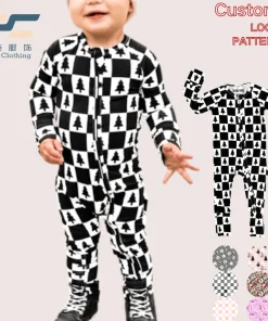 FOCUS Baby Rompers Toddlers Double Zipper Bamboo Fiber Pajamas Kids Long Sleeve Jumpsuits Baby Bamboo Grid Printing Sleepwears