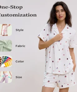 Summer Short Sleeve  Print Modal Pyjamas Cotton Sleepwear with Piping PJ Bamboo Pajamas Sets for Women