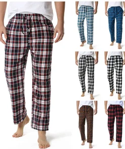 Logo Mens Pajama Pants Flannel Cotton Plaid Sleep Lounge Pants with Pockets and Button Fly