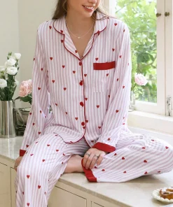 Striped Heart Print Bamboo Pajamas Long Sleeve Pocket Front Cotton Pyjamas Woman Sleepwear Loungewear Women Set