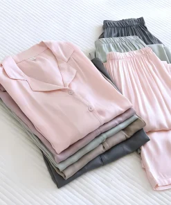 2026 New Loose Long Sleeves Women's Pajamas Pure Cotton Two-Piece Buttons Down Solid Woven Bamboo Pyjama Sleepwear Set