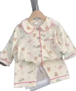 Breathable Pure Cotton Pajamas Boys Girls Home Clothing Spring Autumn Cardigan Long Sleeve Cartoon Set Garment