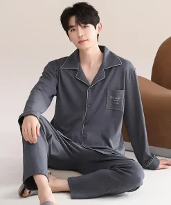 2025 Men's Luxury  100% Cotton Breathable Long Sleeve Knitted Home Wear Nightwear Pajamas for Summer and Winter Sleepwear