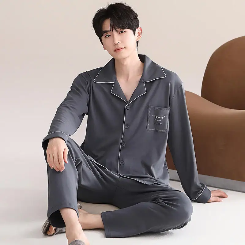 2025 Men's Luxury 100% Cotton Breathable Long Sleeve Knitted Home Wear Nightwear Pajamas for Summer and Winter Sleepwear
