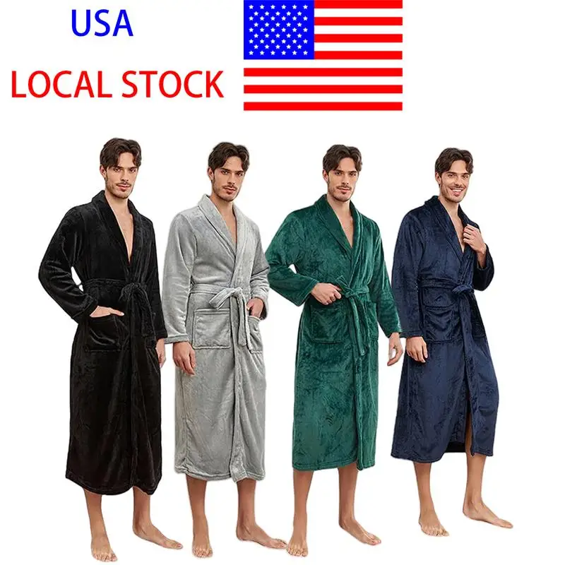 Free Shipping Usa Warehouse Discount Price Winter 5 Star Hotel Plush Hooded Fleece Long Bathrobes Pyjamas Men Sleepwear Stripe Bath Robe - Image 2