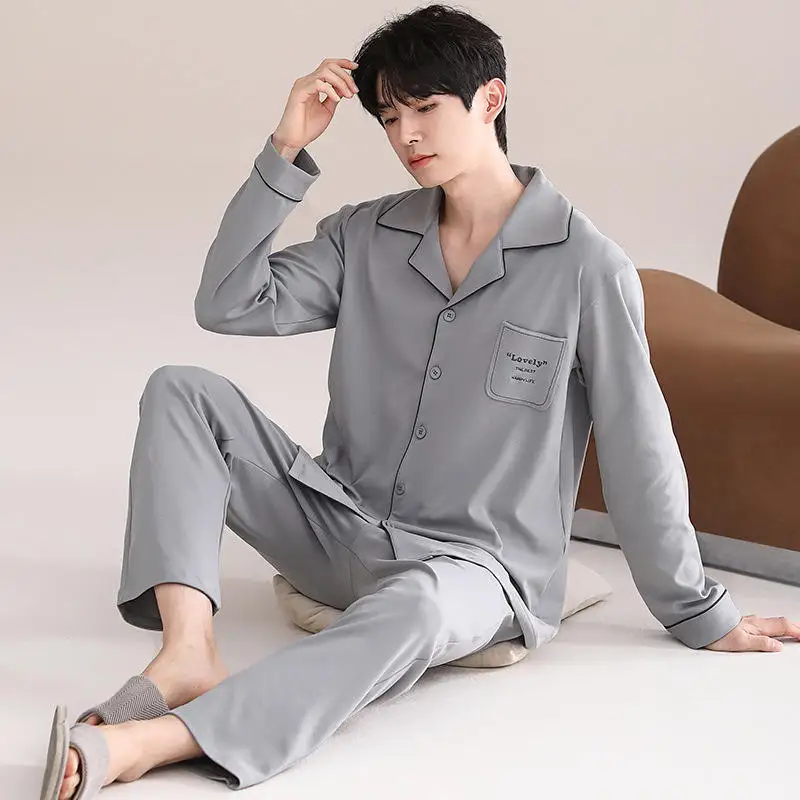 2025 Men's Luxury 100% Cotton Breathable Long Sleeve Knitted Home Wear Nightwear Pajamas for Summer and Winter Sleepwear - Image 2