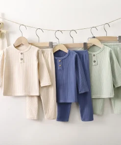 Spring Autumn Kids Pajamas Set Casual Home Wear Long Sleeve Boys Pyjamas Solid Children Sleepwear Girls Two Piece Nightwear