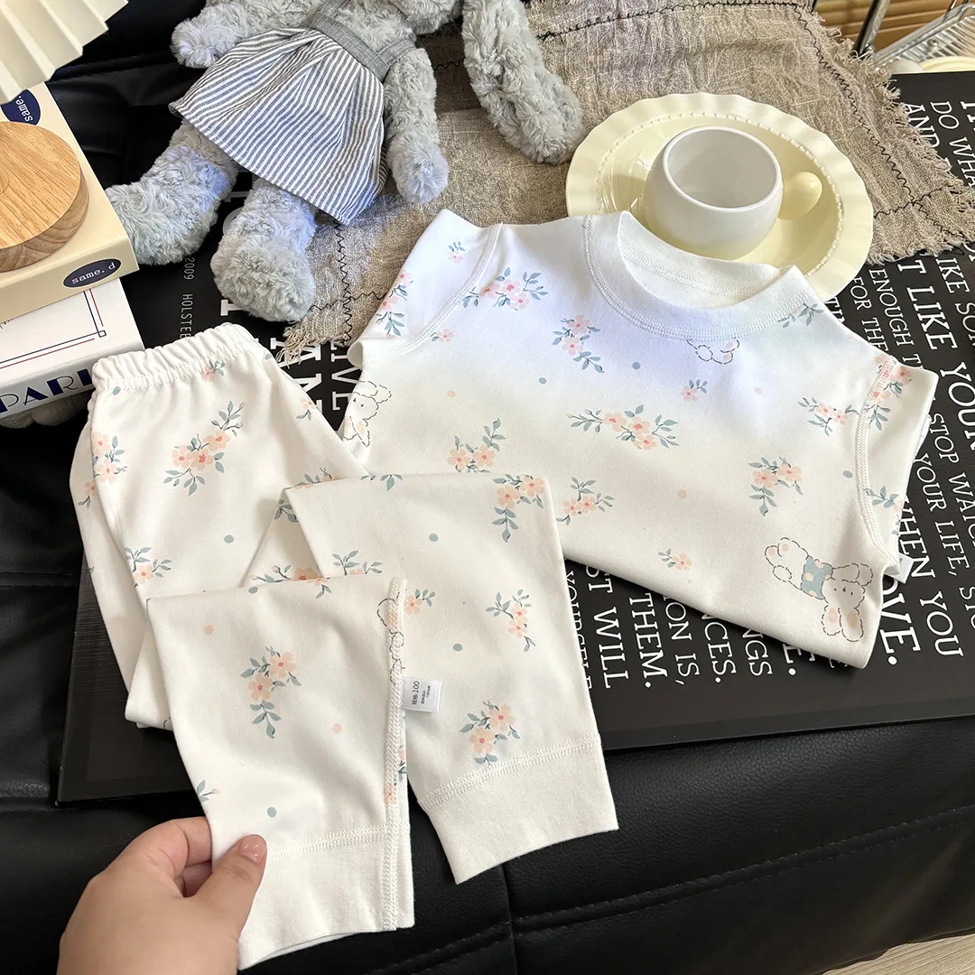Factory Wholesale Children's Baby Boys Girls Thermal Underwear Seamless 100% Cotton Boys Girls Two-Piece Two-piece Pajamas Set - Image 5