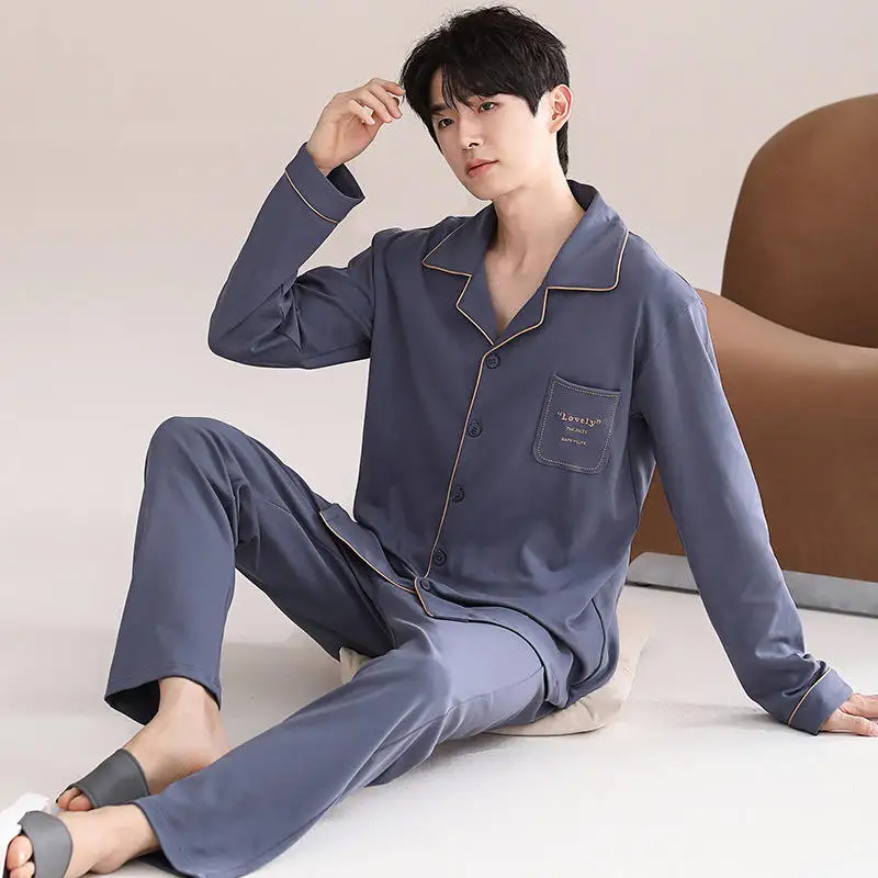 2025 Men's Luxury 100% Cotton Breathable Long Sleeve Knitted Home Wear Nightwear Pajamas for Summer and Winter Sleepwear - Image 4