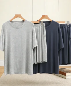 Casual Modal Pajamas Set Plus Size Round Neck Short Sleeve Stretch Two-Piece Suit and Shorts Summer Home Wear Men's Sleepwear