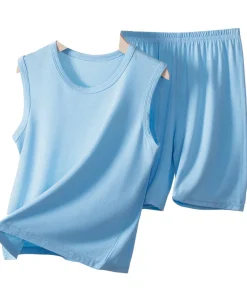 Summer Model Pajamas Vest 2 Pieces Set Sleeveless Solid Color Wholesale Homewear for Boys and Girls