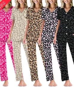 Hot Sale  Women's Casual Pajamas Set Leopard Print Short Sleeve Women Pajamas Set