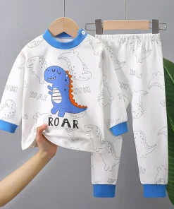 Autumn Winter Cotton Children Knit Pajamas Sets Unisex Soft Comfort Warm Cute Cartoon Dinosaur Print for Boys Girls