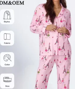 Wholesale 100% Cotton Knit Women's Pajama Set izable Long Sleeves Elastic Waist 180g Summer/Spring Front Sleepwear