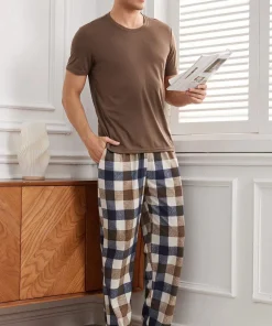 Summer Short Sleeve Top Men Cotton Pyjamas Plaid Lounge Pants Sleepwear Bamboo Pajamas Loungewear for Men