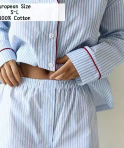 100% Cotton Long Sleeve Night Suits Women Cotton Pyjamas Striped Print Long-Sleeve Shirt and Shorts Summer Pj Set