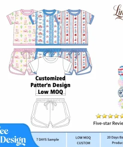 2026 Kids Bamboo 2 Piece Pajama Set Short Sleeve Shorts Drawstring Sleepwear Printed Boys Girls Children Home Wear Outfit