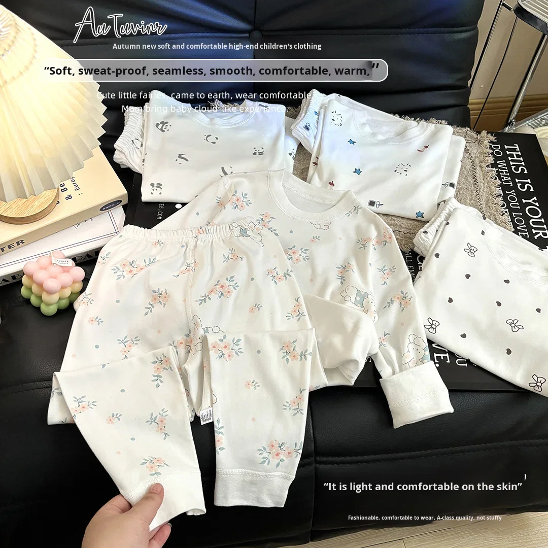 Factory Wholesale Children's Baby Boys Girls Thermal Underwear Seamless 100% Cotton Boys Girls Two-Piece Two-piece Pajamas Set