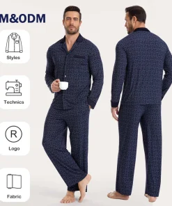 DIY Men's Pajamas Plaid Printed Cotton Modal  Bamboo Pajamas 2 Pcs Blue Men's Sleepwear for Home