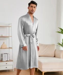 Men's Lightweight Satin Kimono Style Couple Sexy Long Sleeve 2-Piece Solid Pattern Pockets Nightwear Robes Comfortable Sleepwear